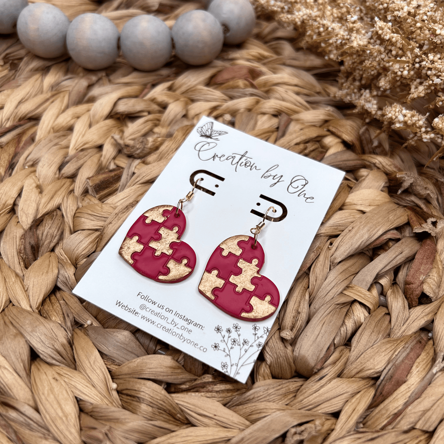 Red and Gold Puzzle Heart Polymer Clay Earring