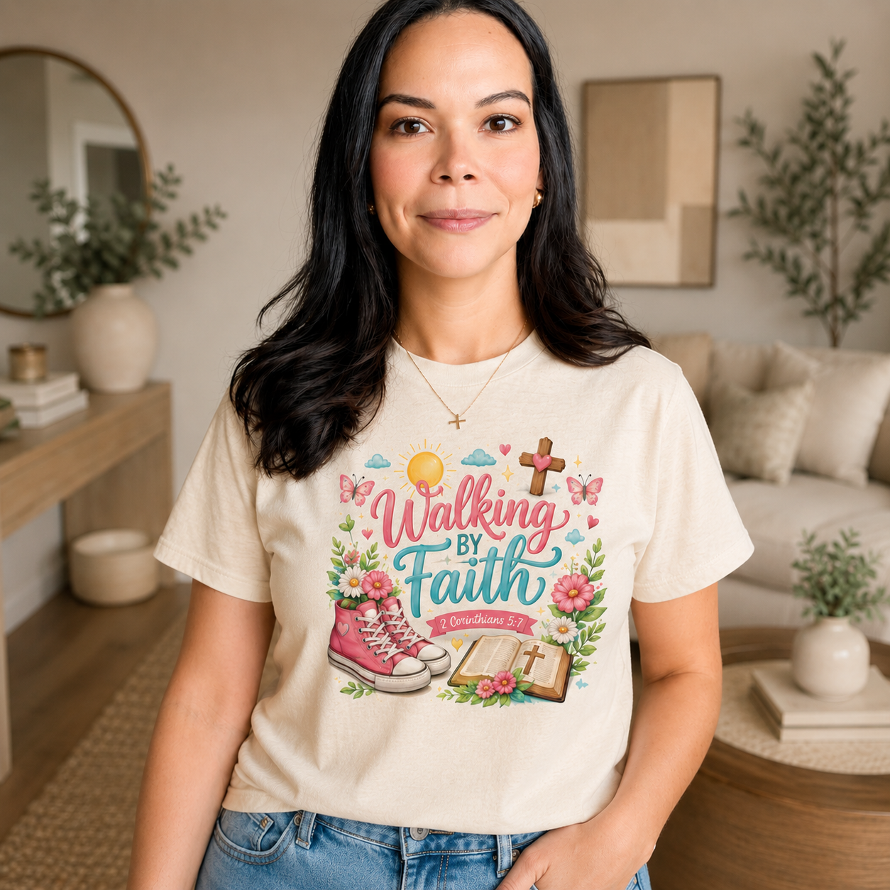 Walking by Faith Floral Cross Christian T-Shirt