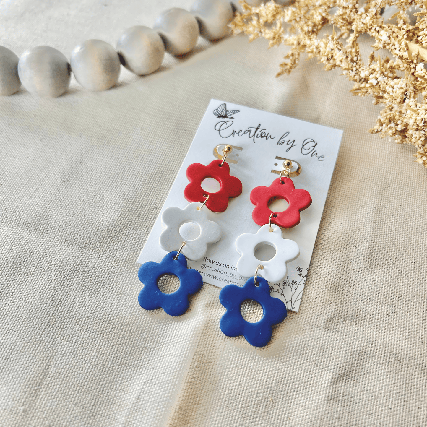 Liberty Blooms Earrings – Red, White, & Blue Floral Polymer Clay with 14K Gold-Plated Studs