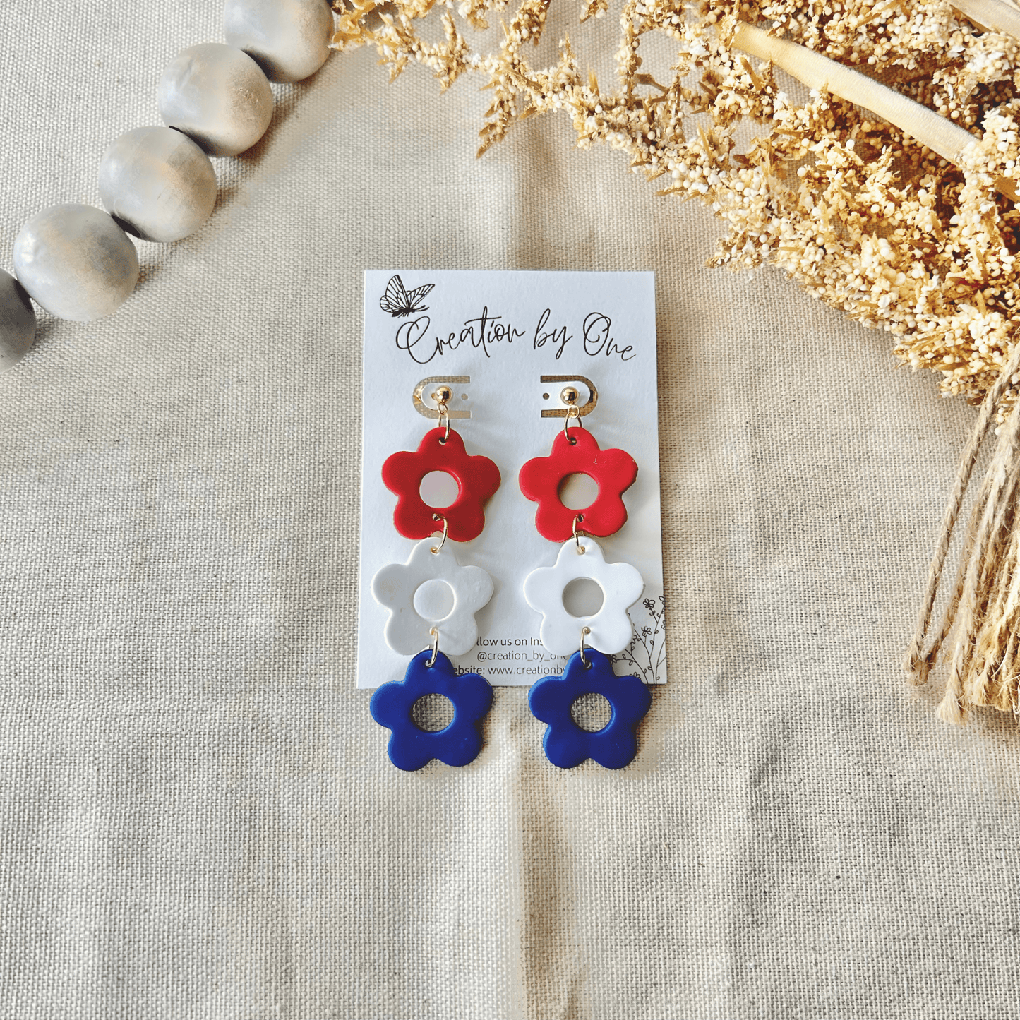 Liberty Blooms Earrings – Red, White, & Blue Floral Polymer Clay with 14K Gold-Plated Studs