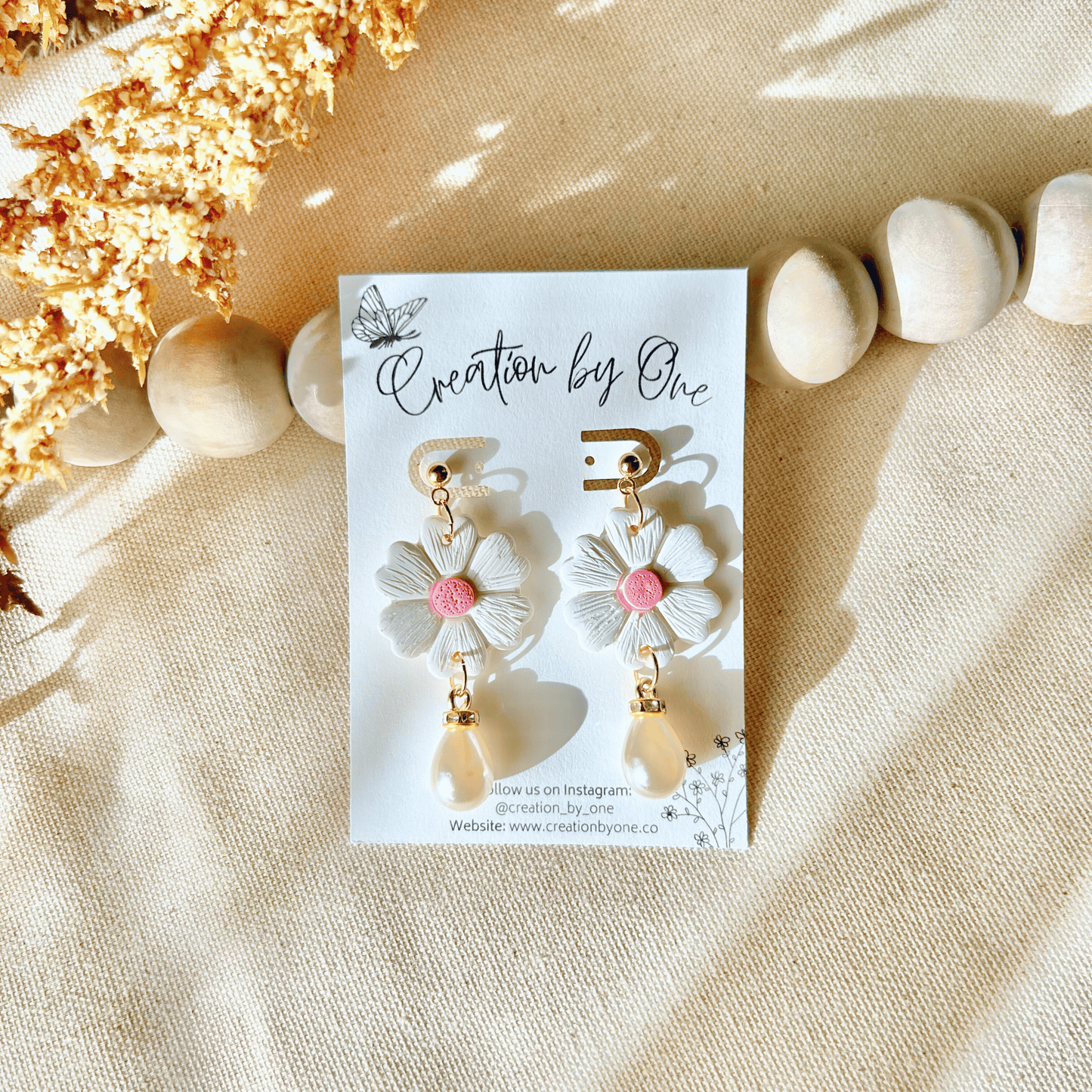 Elegance Polymer Clay Earrings – Lightweight Floral Dangles with Faux Pearl & 14K Gold-Plated Studs 🌸✨