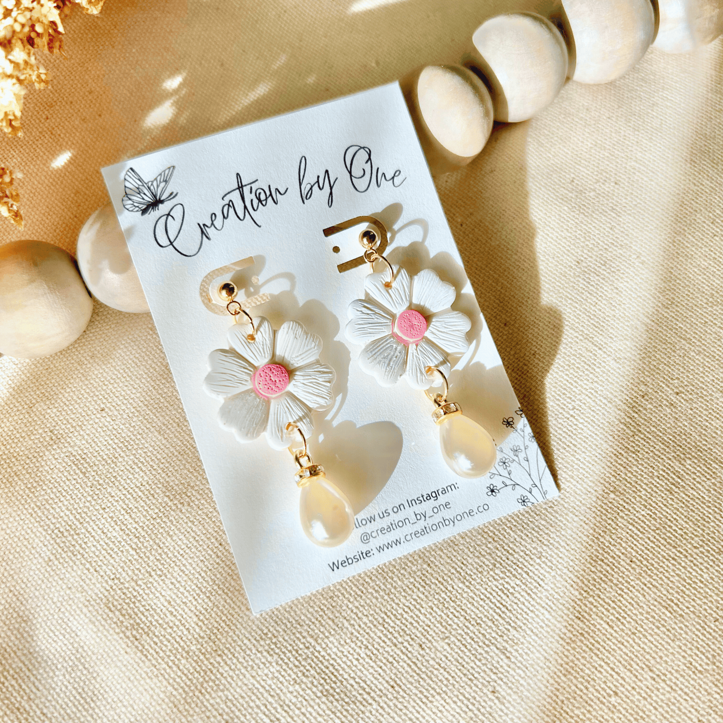 Elegance Polymer Clay Earrings – Lightweight Floral Dangles with Faux Pearl & 14K Gold-Plated Studs 🌸✨