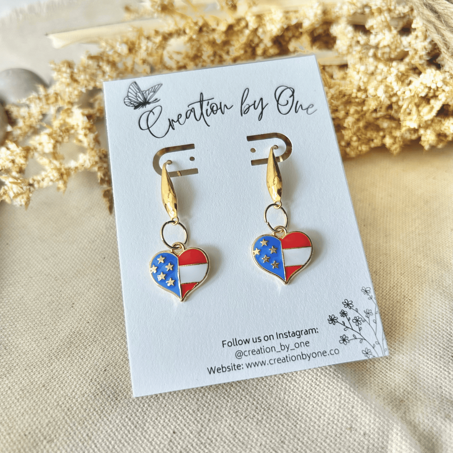 Heart of Freedom Earrings – American Flag Polymer Clay Hearts with 14K Gold-Plated Hooks