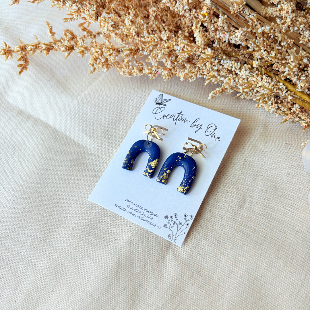 Blue Bow Earrings with Gold Dust | 14K Gold Plated Lightweight Polymer Clay Jewelry