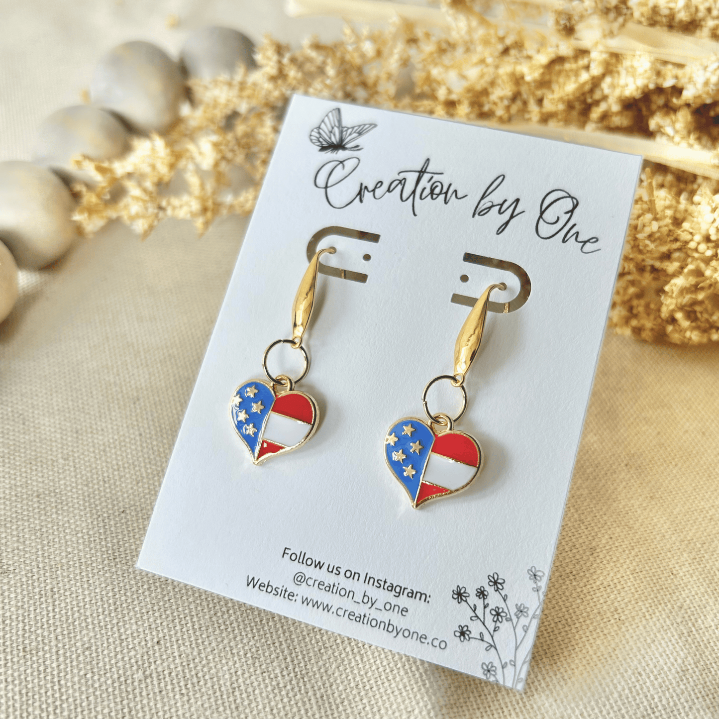 Heart of Freedom Earrings – American Flag Polymer Clay Hearts with 14K Gold-Plated Hooks