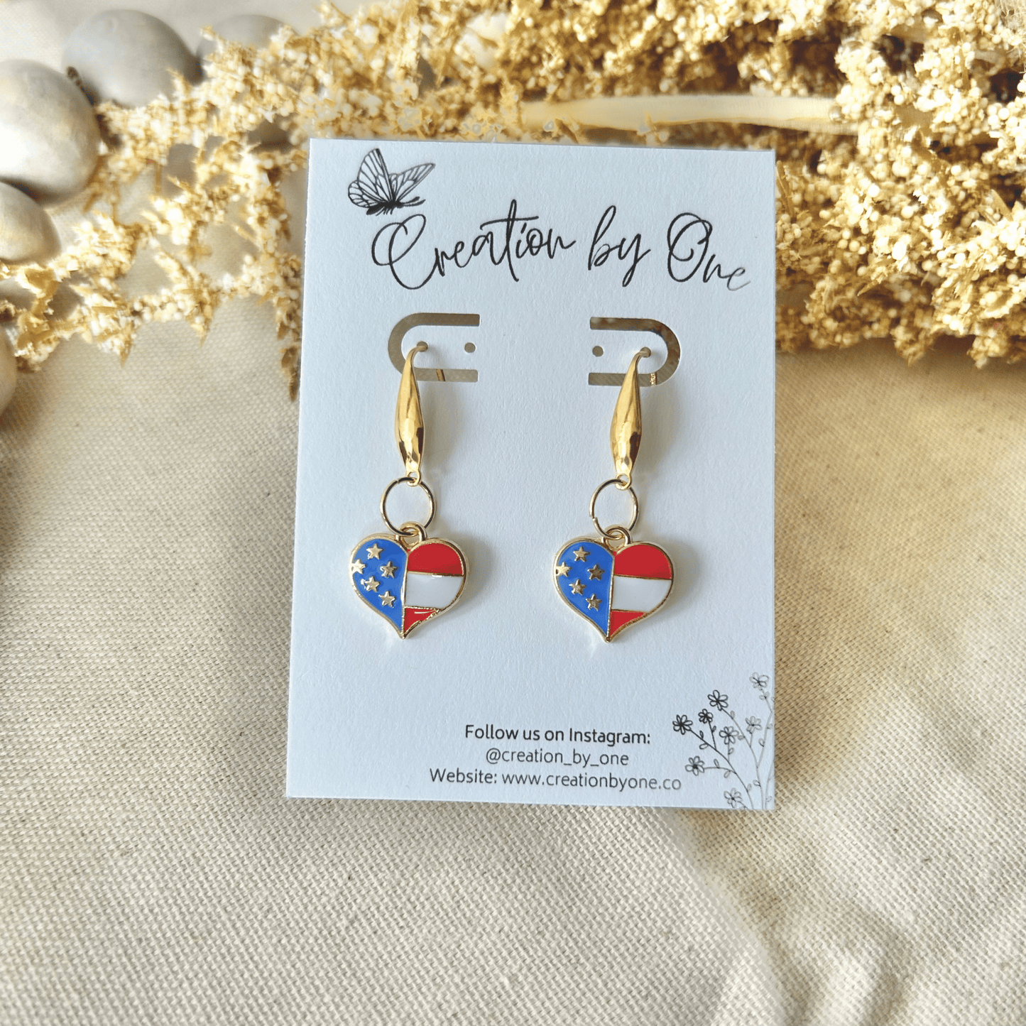 Heart of Freedom Earrings – American Flag Polymer Clay Hearts with 14K Gold-Plated Hooks