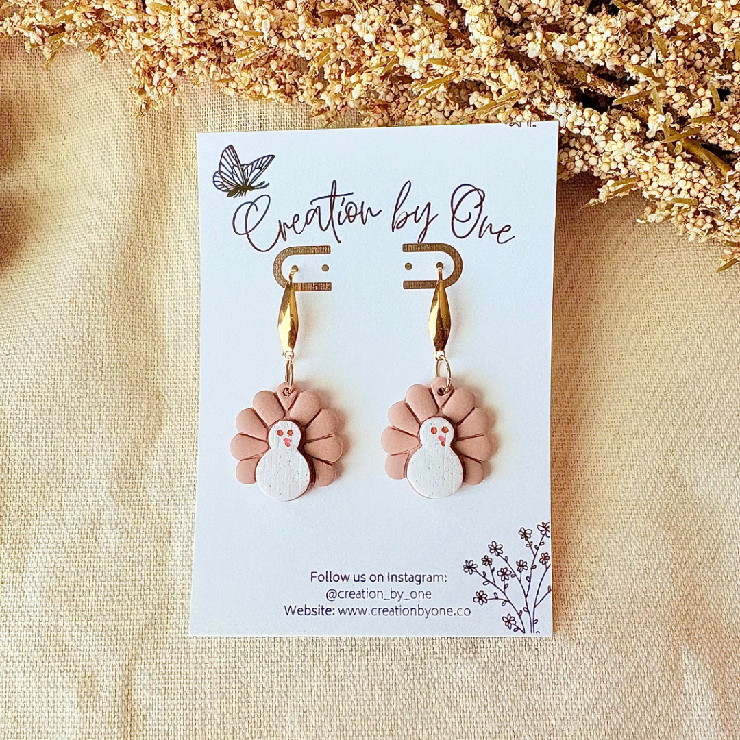 Neutral Turkey Polymer Clay Earrings – White & Brown, 14K Gold Plated Studs | Thanksgiving Fall Jewelry