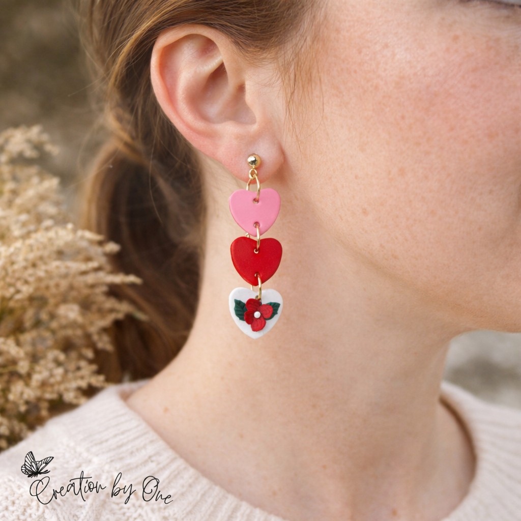 Three Hearts Bloom Polymer Clay Earrings