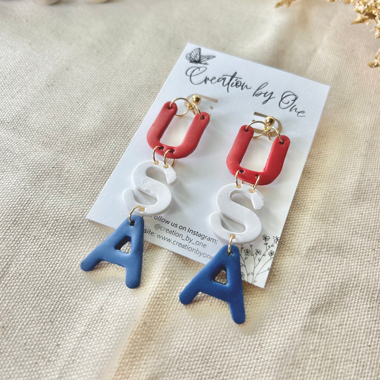 USA Pride Earrings – Red, White, & Blue Polymer Clay with Gold-Plated Studs