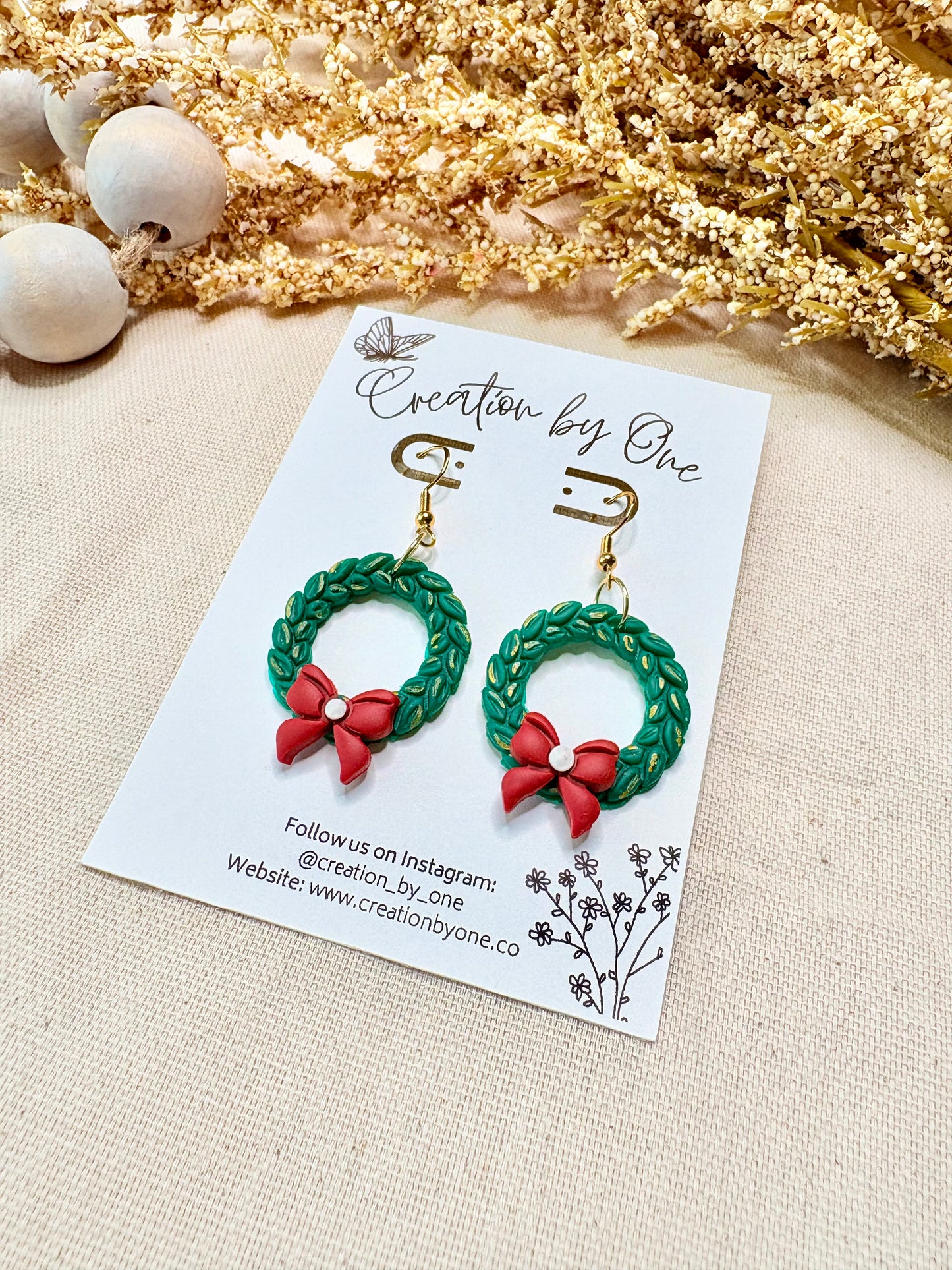 Lightweight Christmas wreath earrings with polymer clay design and 14K gold-plated hooks