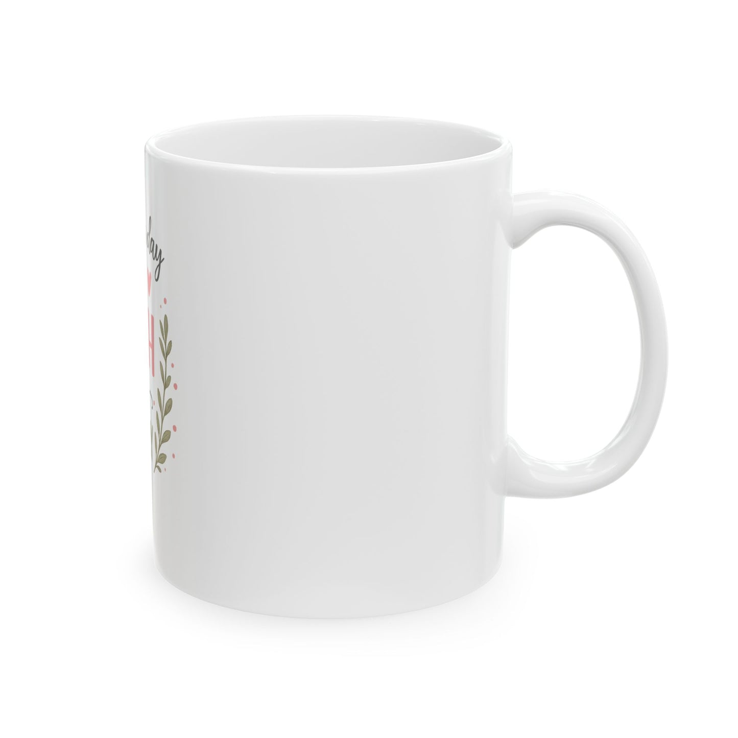 White mug with floral design on a white background
