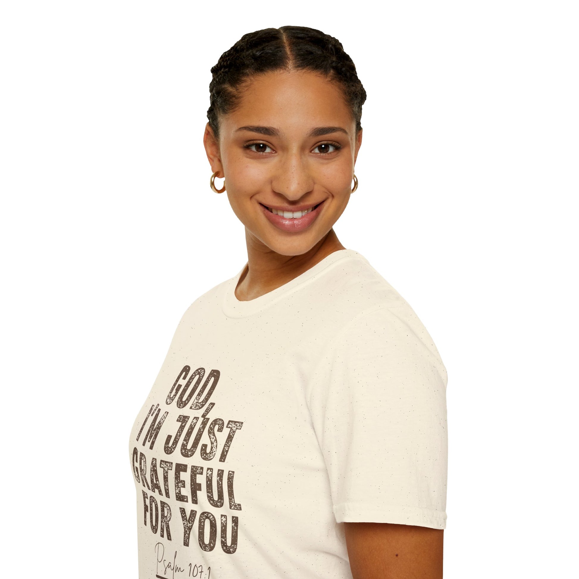 Woman wearing a white t-shirt with text on a white background