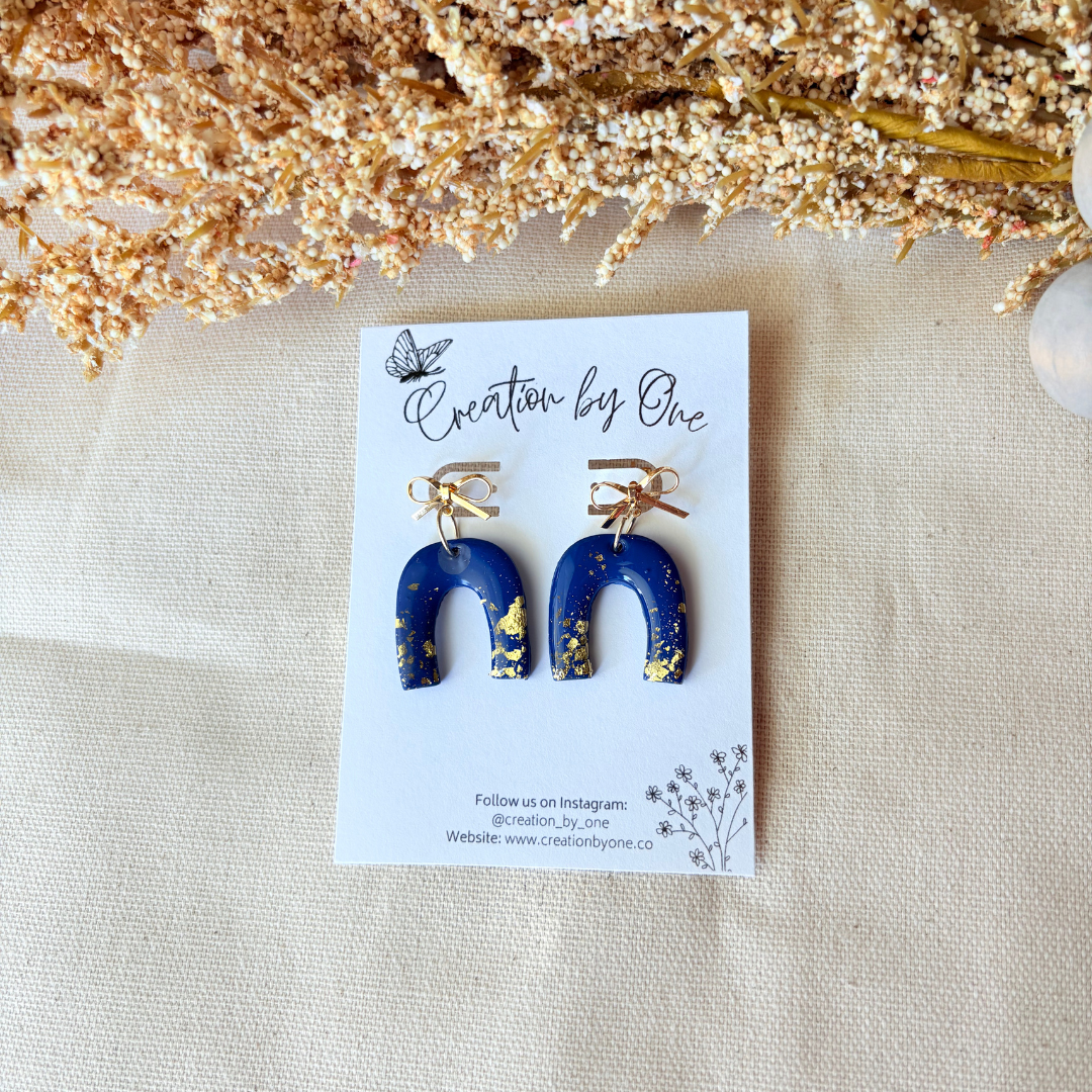 Blue Bow Earrings with Gold Dust | 14K Gold Plated Lightweight Polymer Clay Jewelry