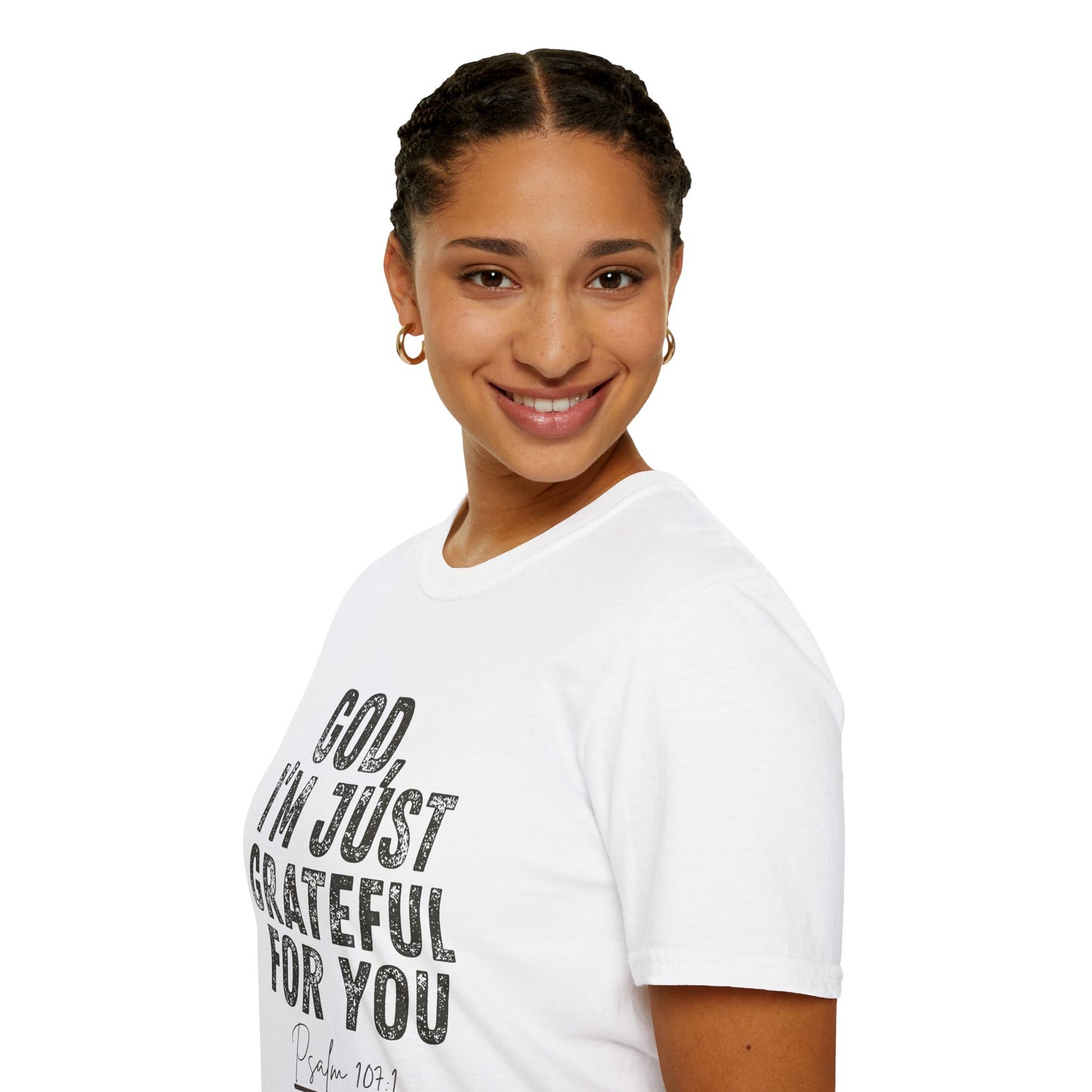 Person wearing a white t-shirt with text on a white background