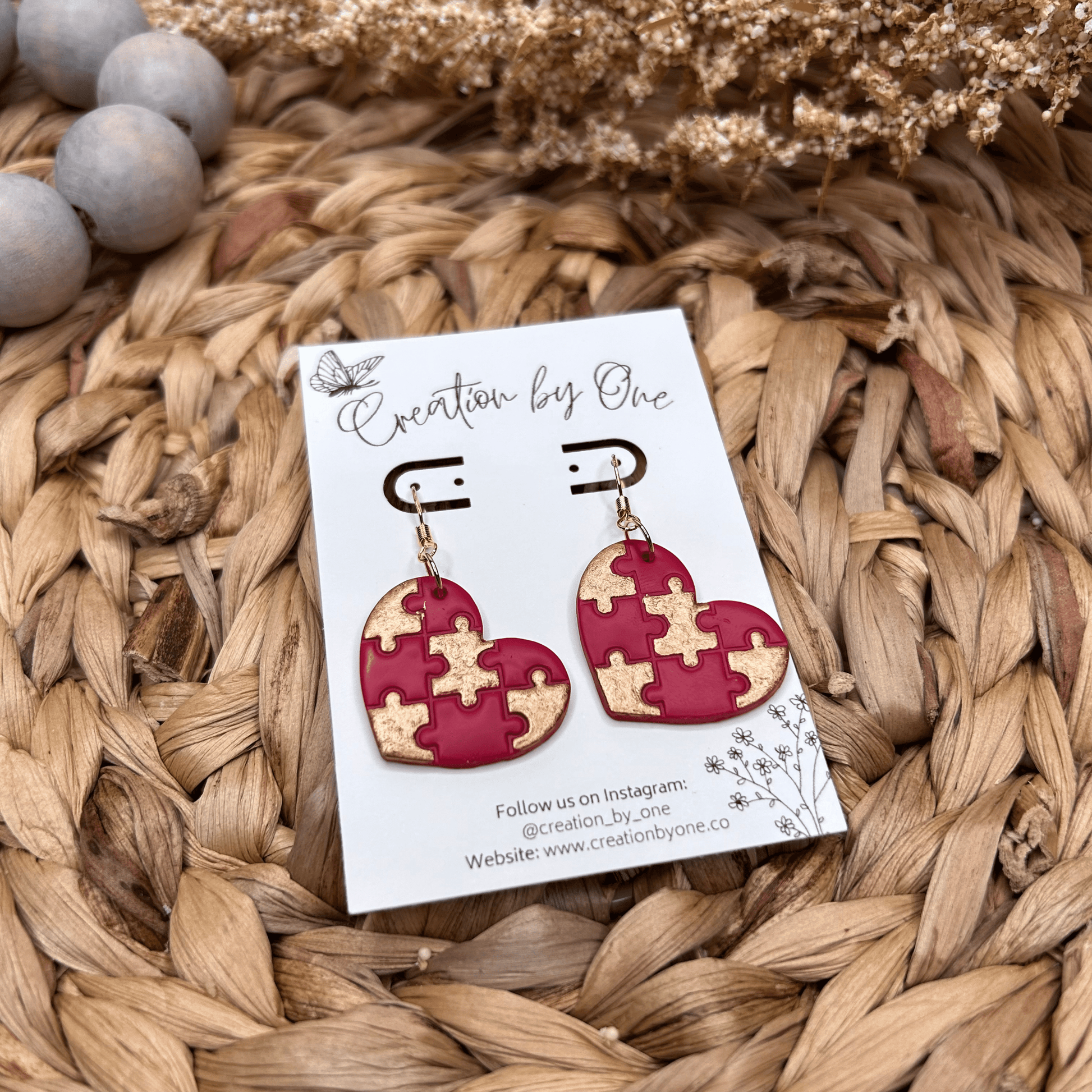 Red and Gold  Puzzle Heart Polymer Clay Earring