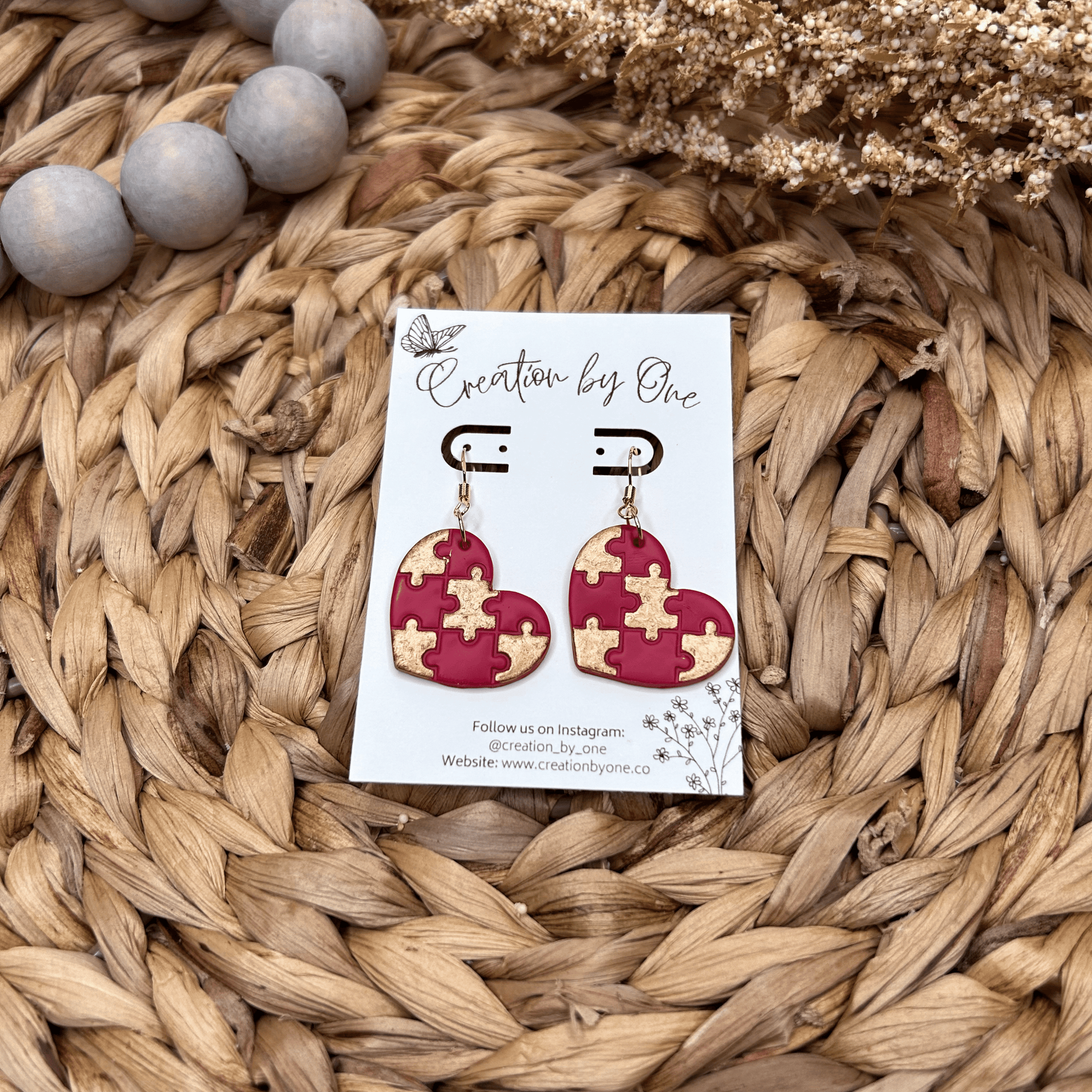 Red and Gold  Puzzle Heart Polymer Clay Earring