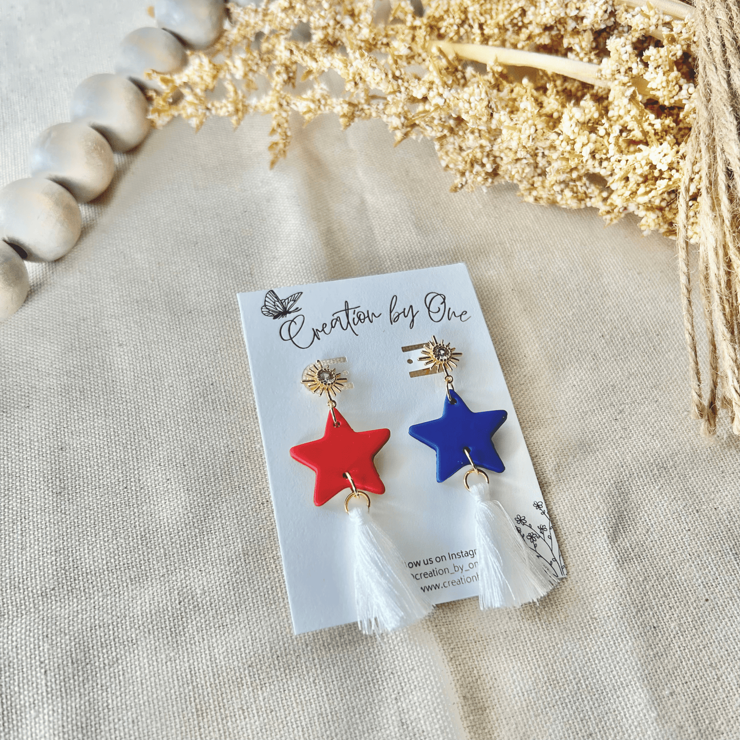 Firework Fizz Earrings – Red & Blue Star Dangles with Pom Poms & 14K Gold Plated Firework Studs
