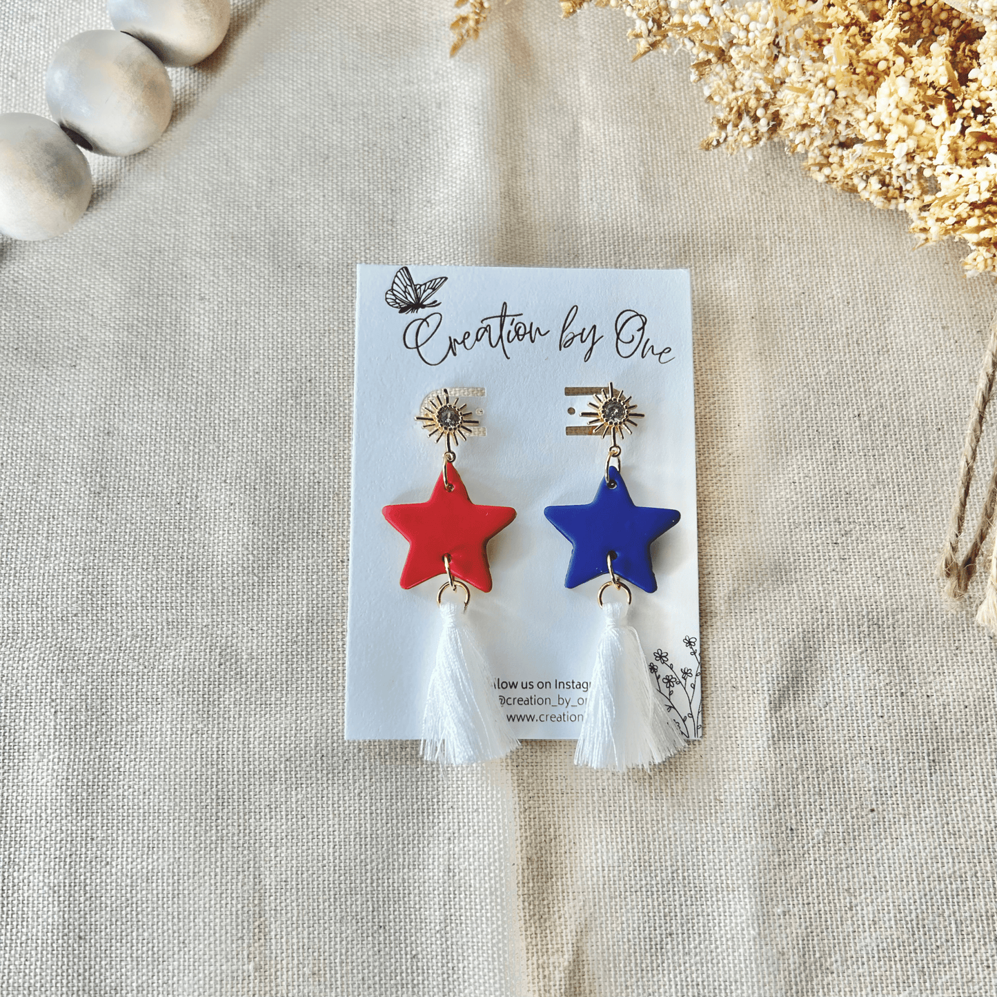 Firework Fizz Earrings – Red & Blue Star Dangles with Pom Poms & 14K Gold Plated Firework Studs