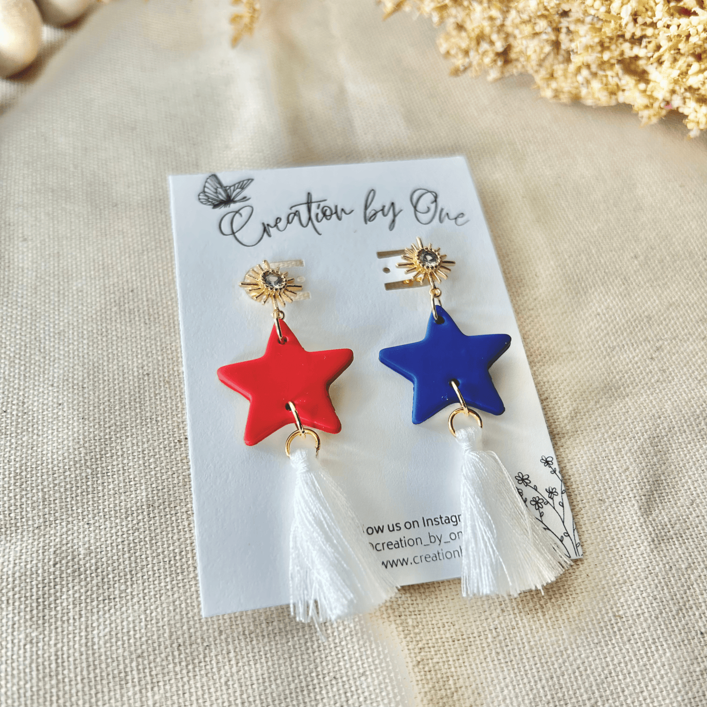 Firework Fizz Earrings – Red & Blue Star Dangles with Pom Poms & 14K Gold Plated Firework Studs