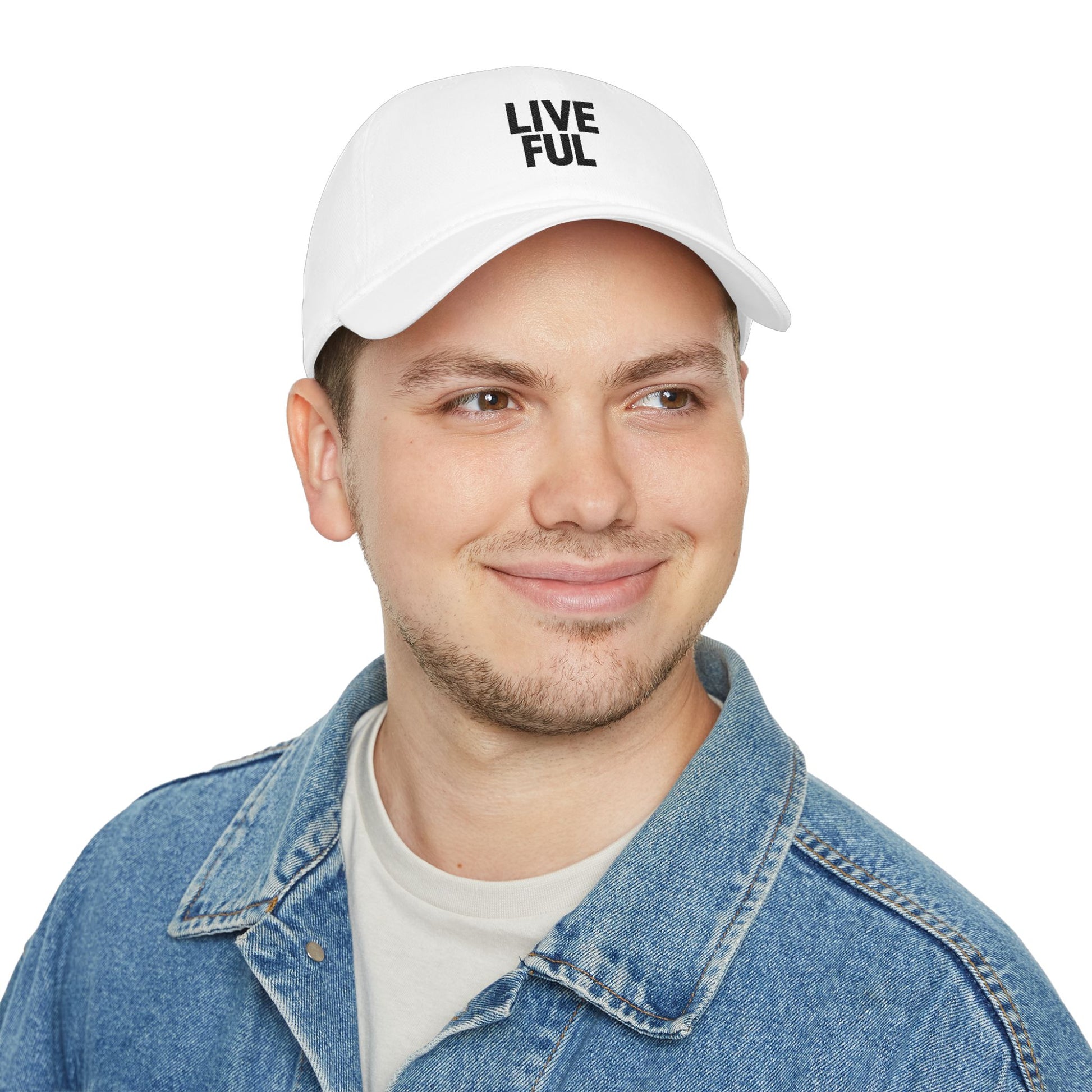 Man wearing a white cap with text on a white background