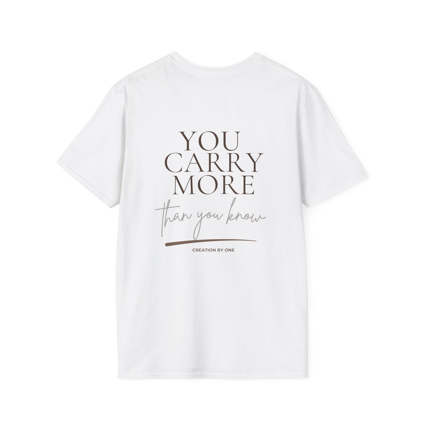 White t-shirt with motivational quote on a white background