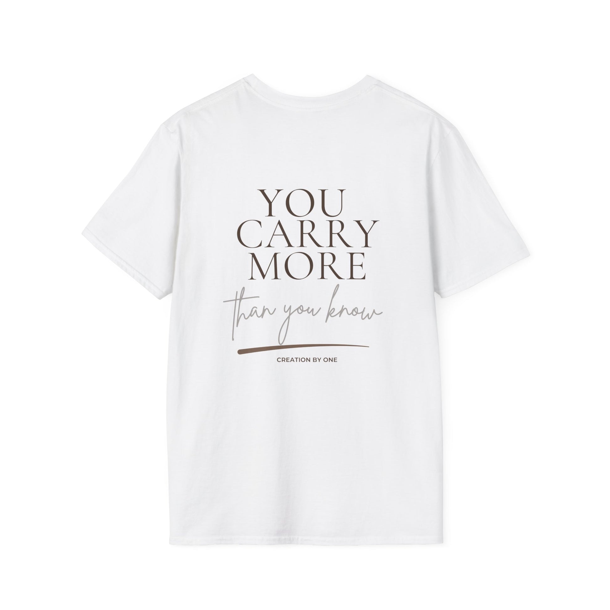 White t-shirt with motivational quote on a white background