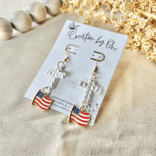 Faith & Freedom Earrings – 4th of July Patriotic Polymer Clay Dangles with White Cross & American Flag