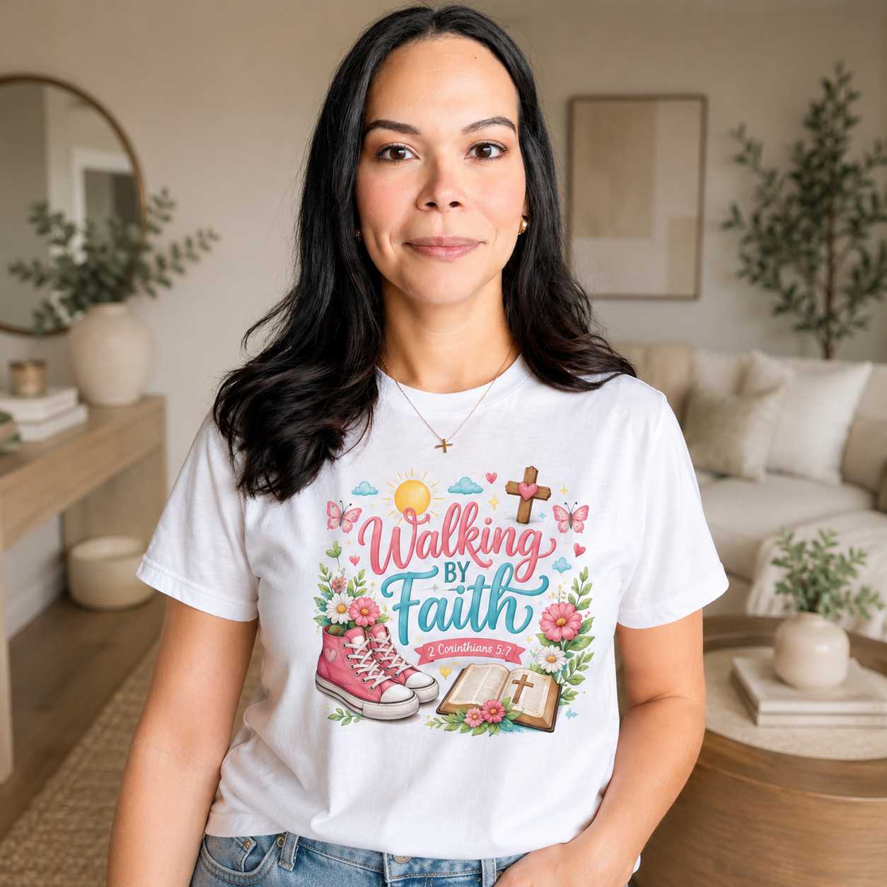 Walking by Faith Floral Cross Christian T-Shirt
