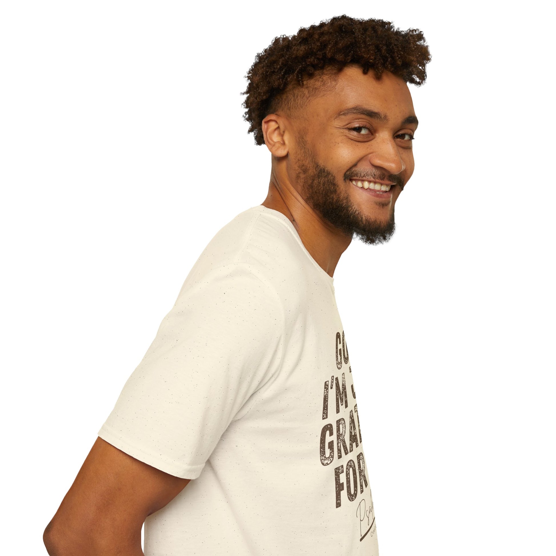 Man wearing a white t-shirt with a graphic design on a white background
