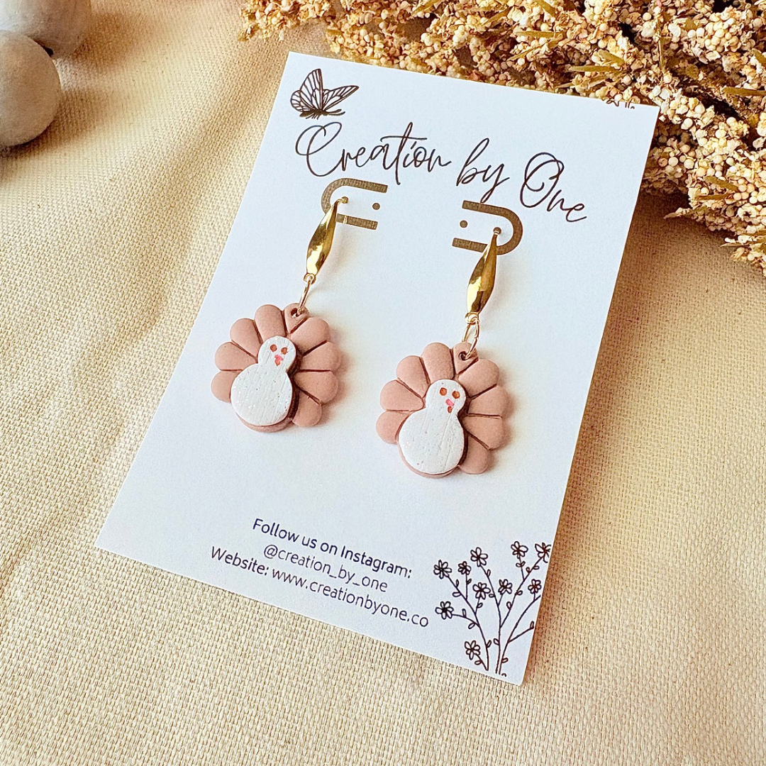 Neutral Turkey Polymer Clay Earrings – White & Brown, 14K Gold Plated Studs | Thanksgiving Fall Jewelry