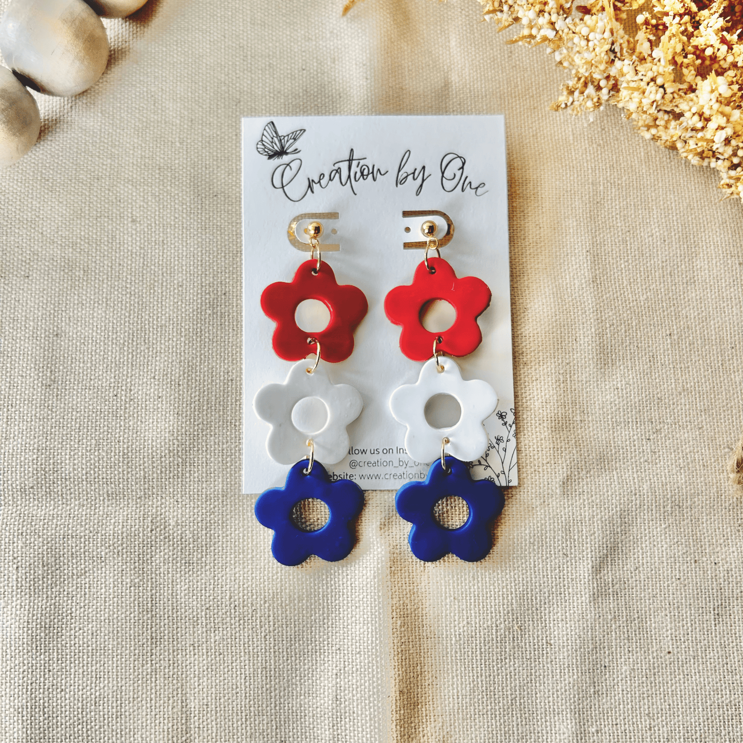 Liberty Blooms Earrings – Red, White, & Blue Floral Polymer Clay with 14K Gold-Plated Studs