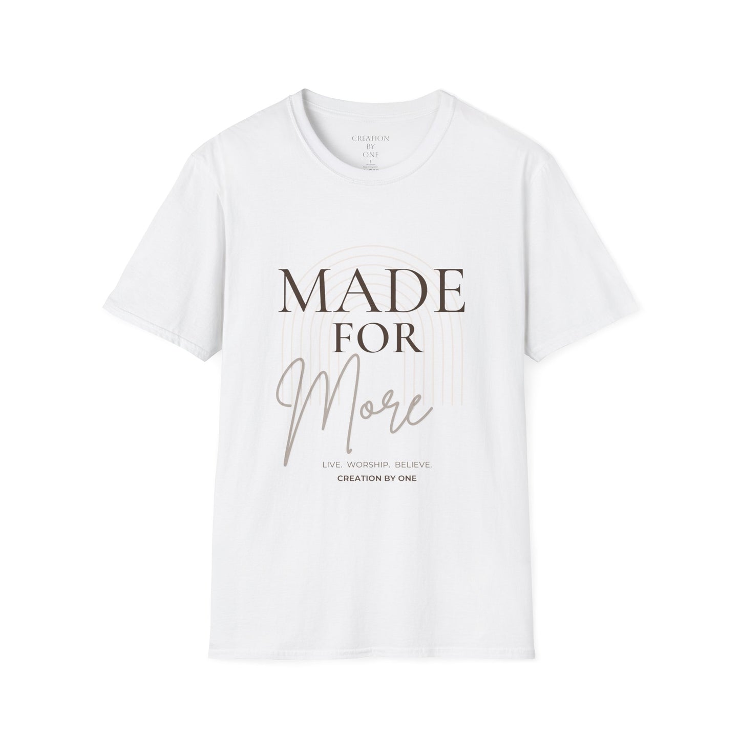 White t-shirt with 'MADE FOR MORE' text on a white background