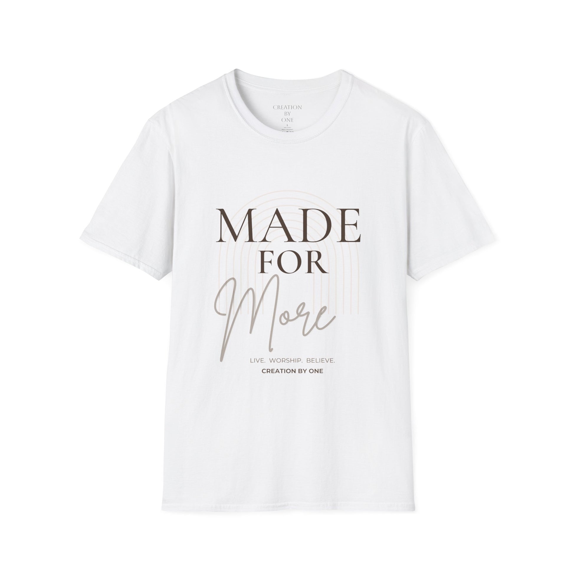 White t-shirt with 'MADE FOR MORE' text on a white background