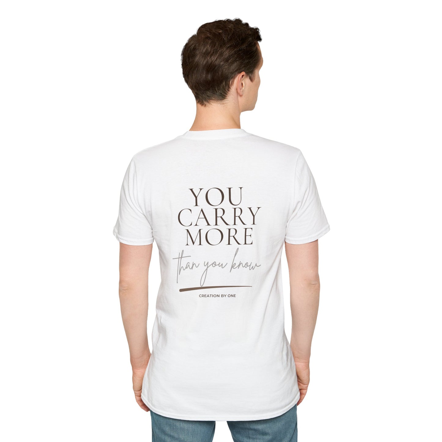 Person wearing a white t-shirt with text on the back, standing against a white background