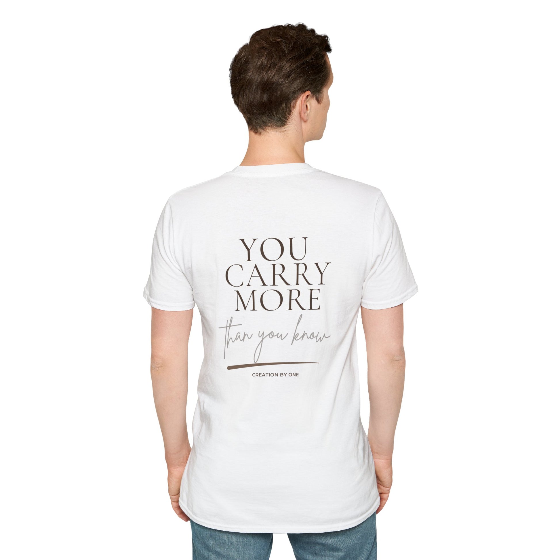 Person wearing a white t-shirt with text on the back, standing against a white background