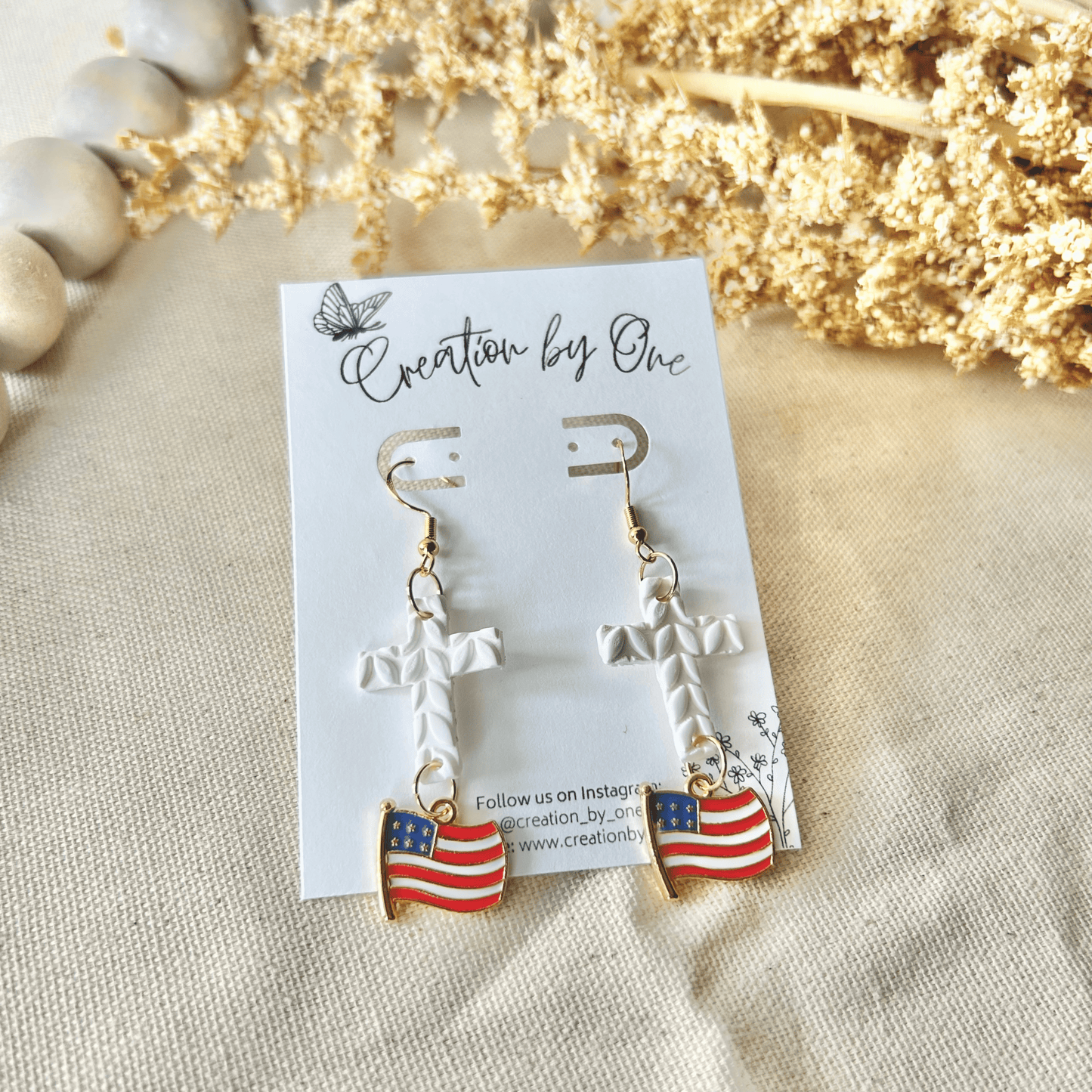 Faith & Freedom Earrings – 4th of July Patriotic Polymer Clay Dangles with White Cross & American Flag