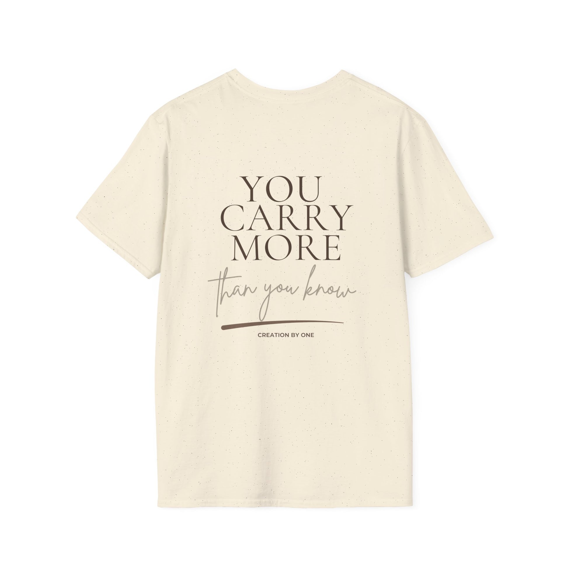 Beige t-shirt with motivational quote on a white background