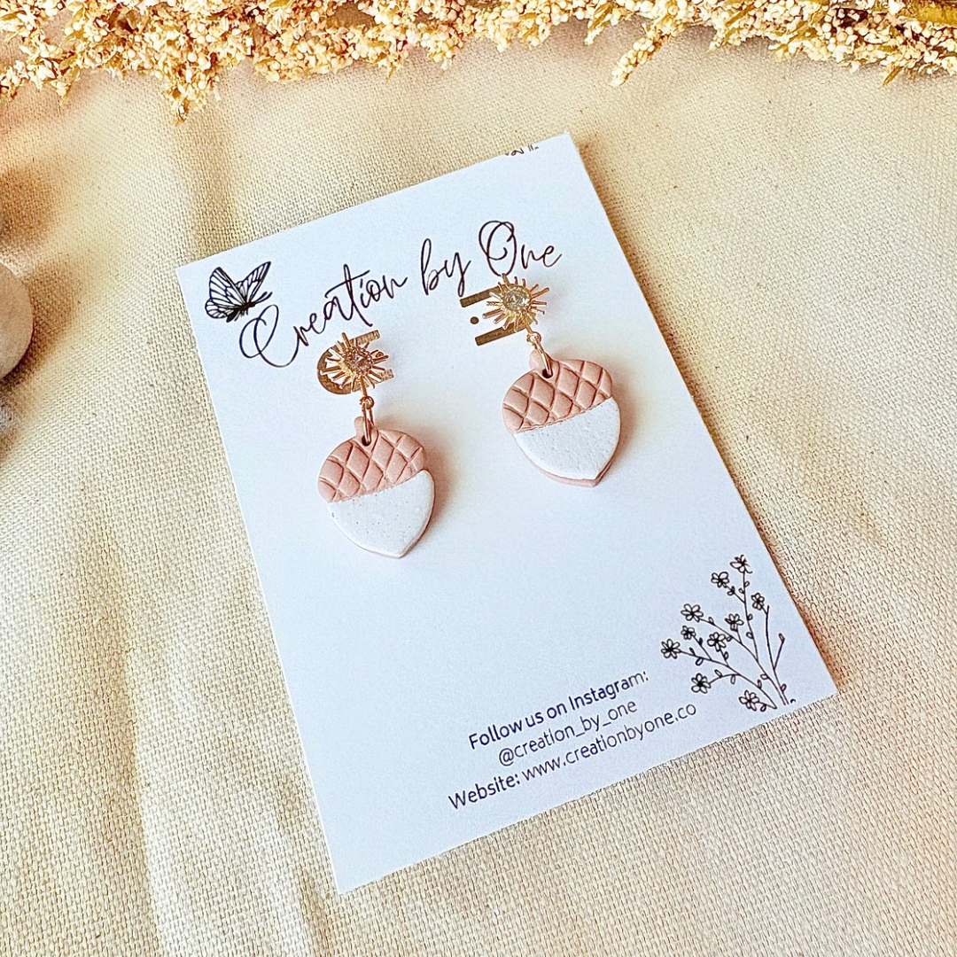 Neutral Acorn Polymer Clay Earrings – White & Light Brown, 14K Gold Studs | Fall & Thanksgiving Jewelry