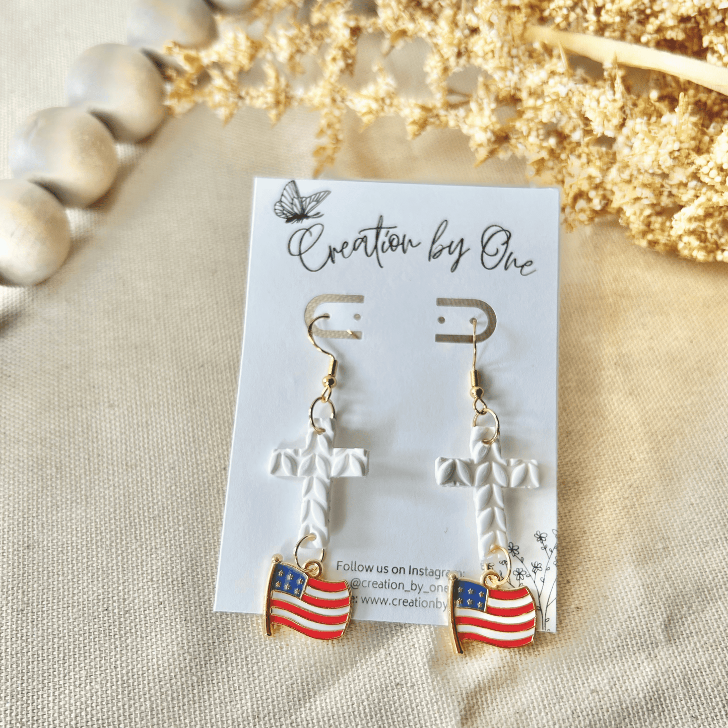 Faith & Freedom Earrings – 4th of July Patriotic Polymer Clay Dangles with White Cross & American Flag