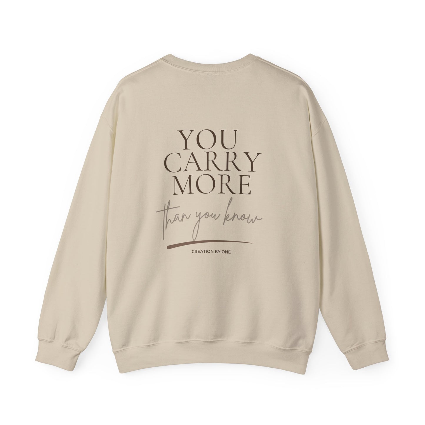 Beige sweatshirt with text on the back on a white background
