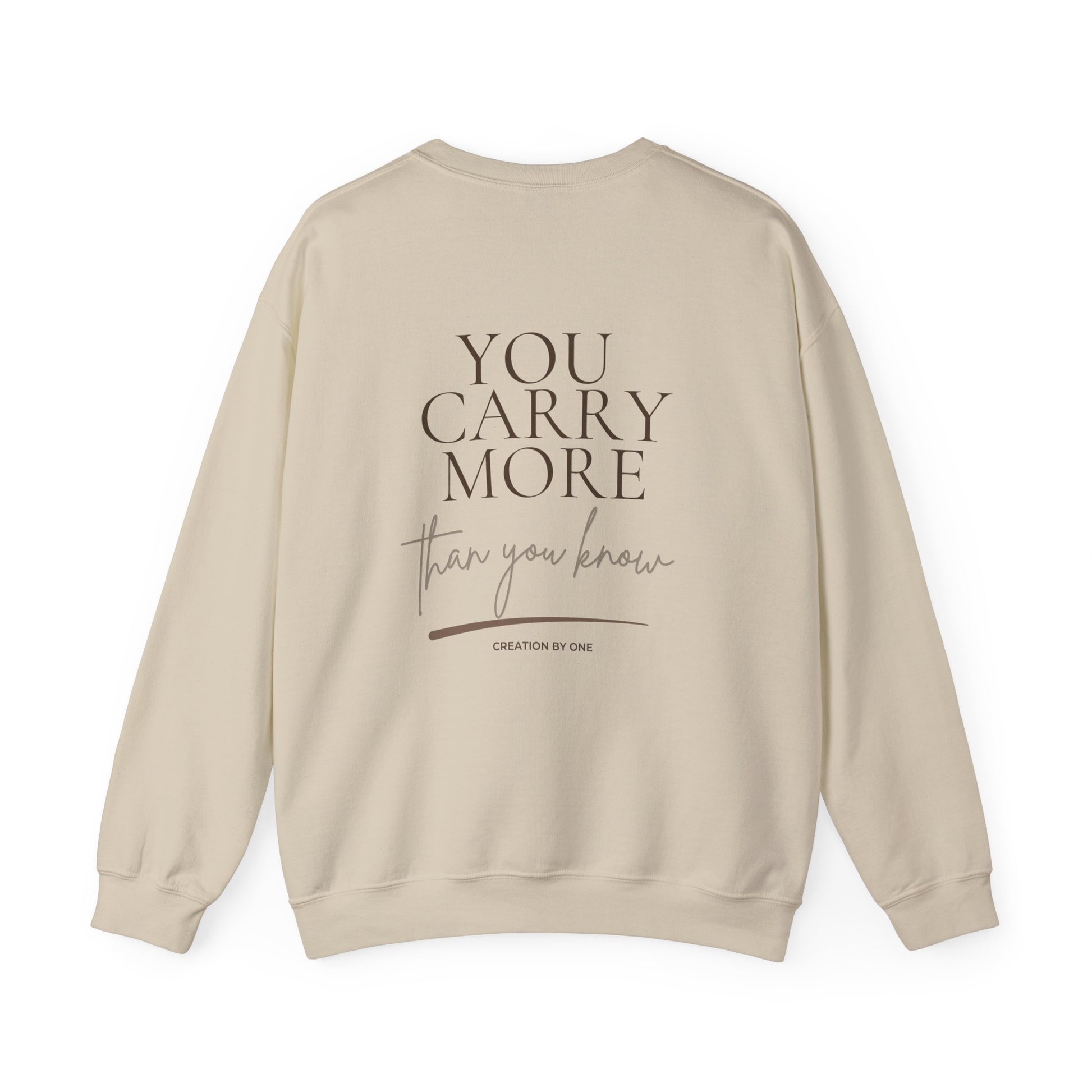 Beige sweatshirt with text on the back on a white background