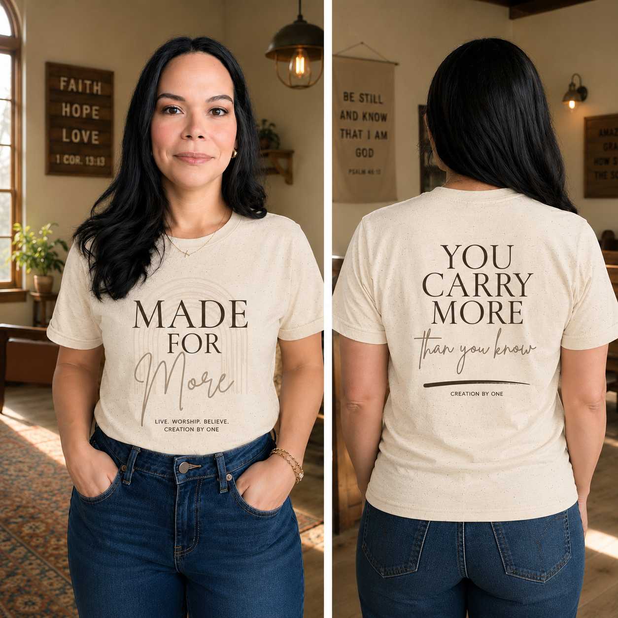 Woman wearing a t-shirt with text on the front and back, standing in a room with decor.