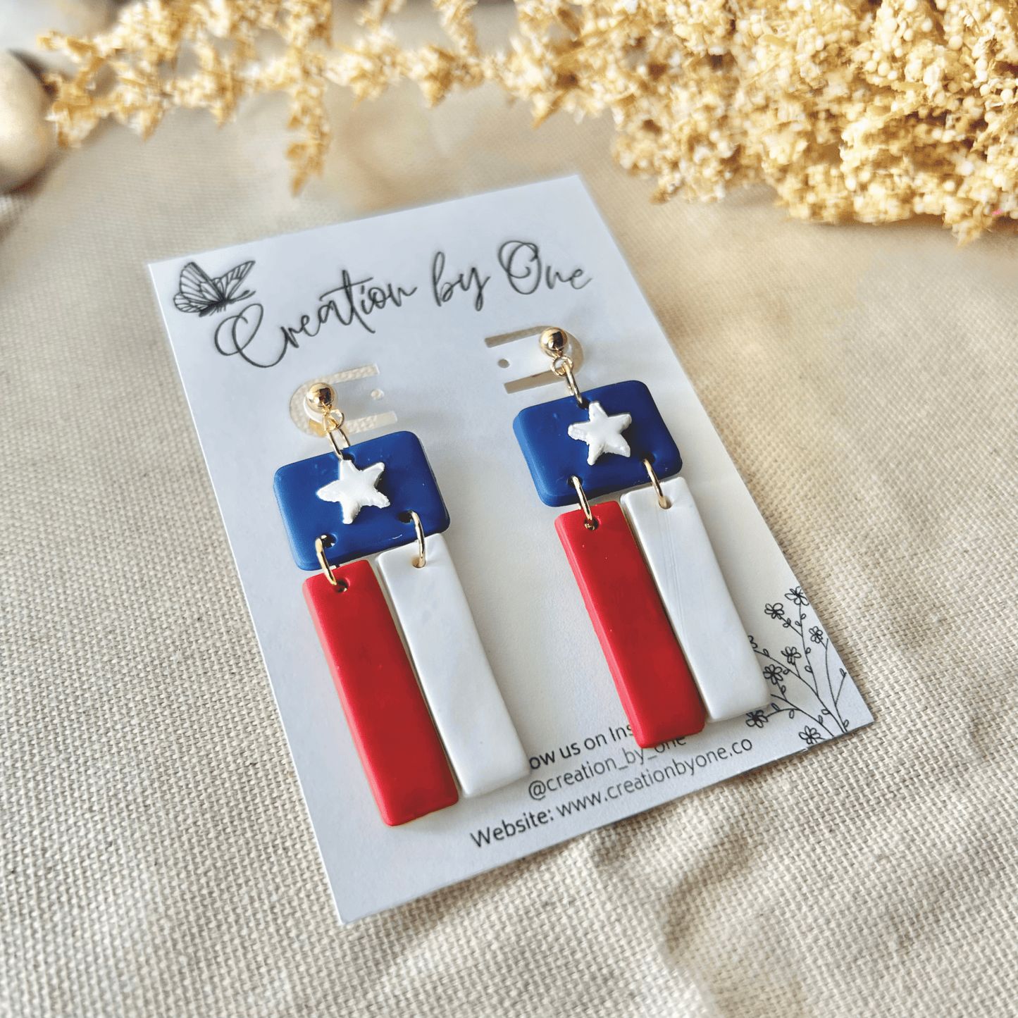 USA Dangle Earrings – Red, White, & Blue Polymer Clay Earrings with 14K Gold-Plated Posts