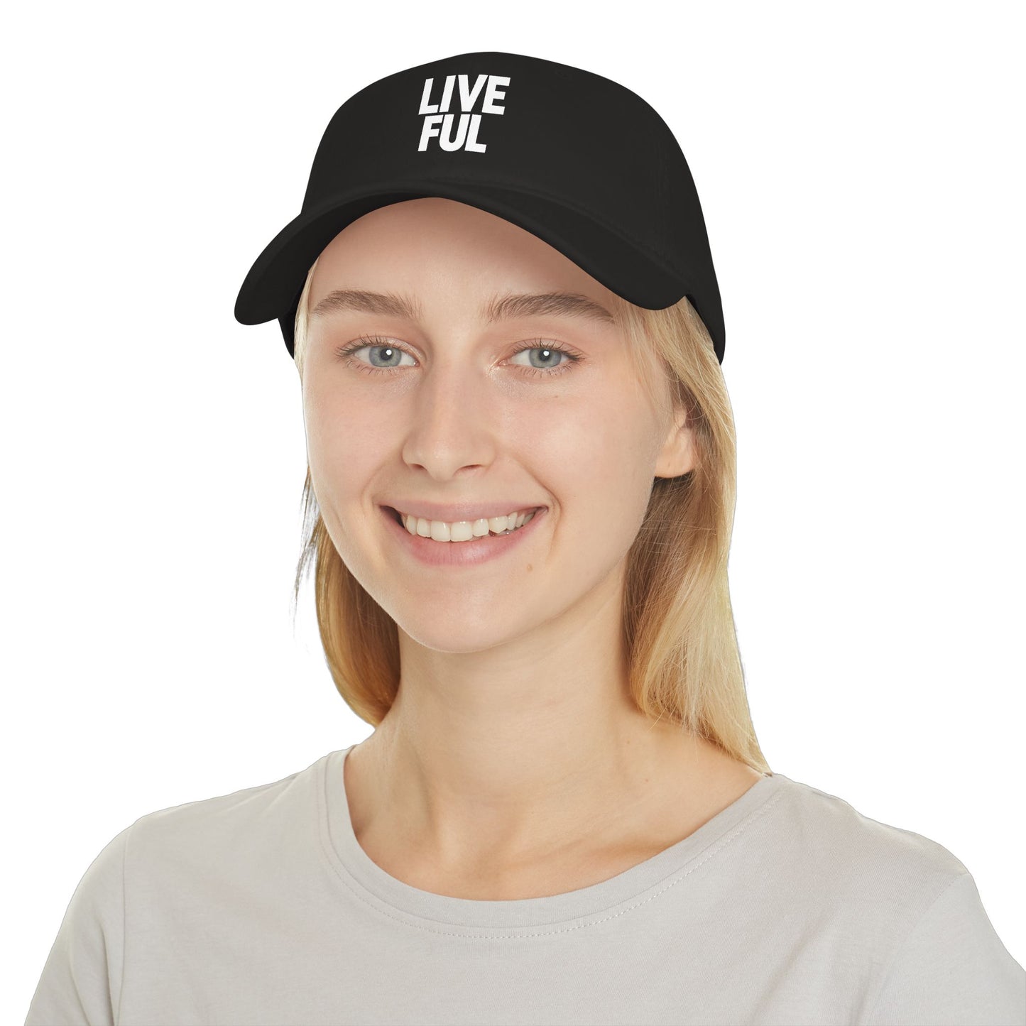 Person wearing a black cap with 'Because Weed' text on a white background