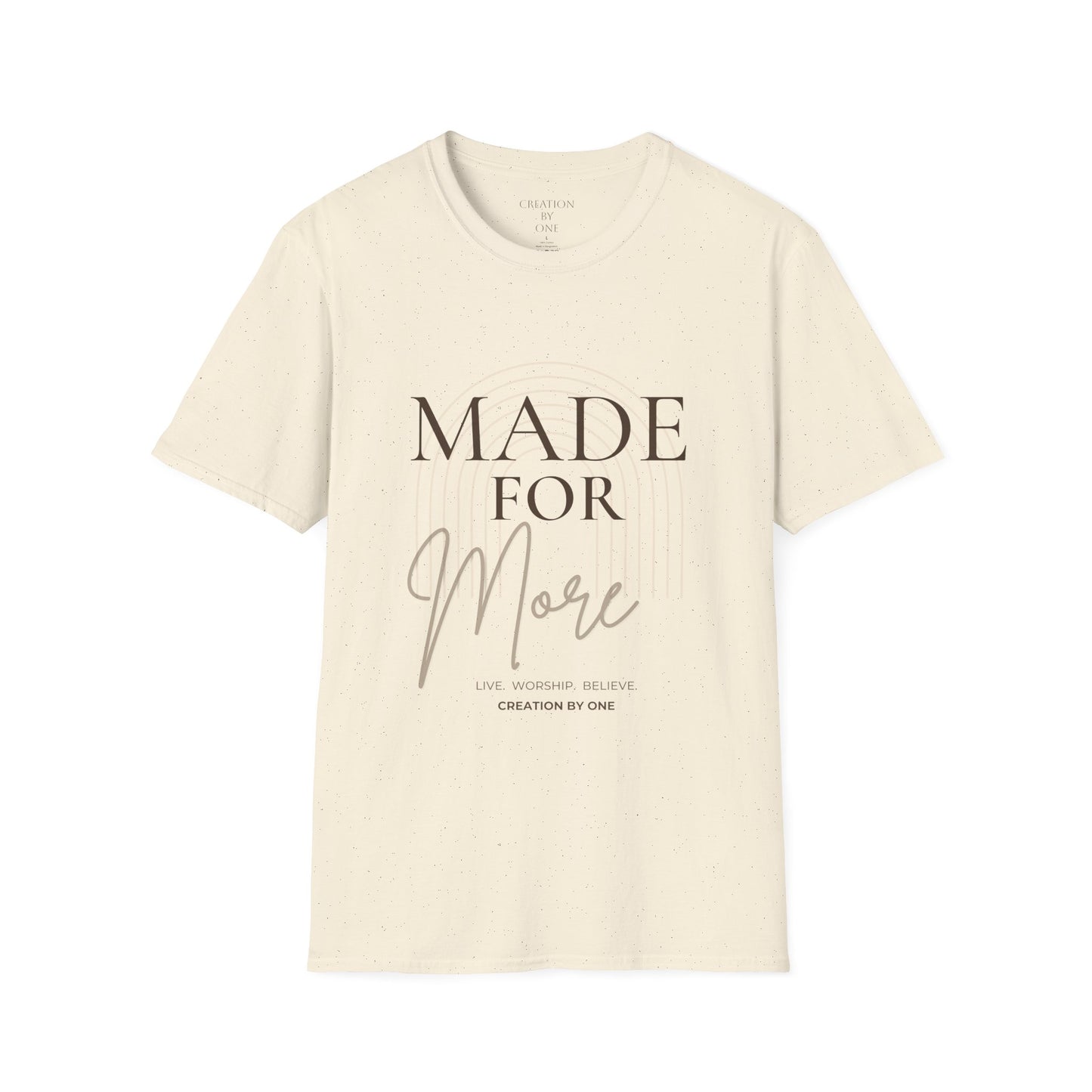 Beige t-shirt with text 'MADE FOR MORE' on a white background