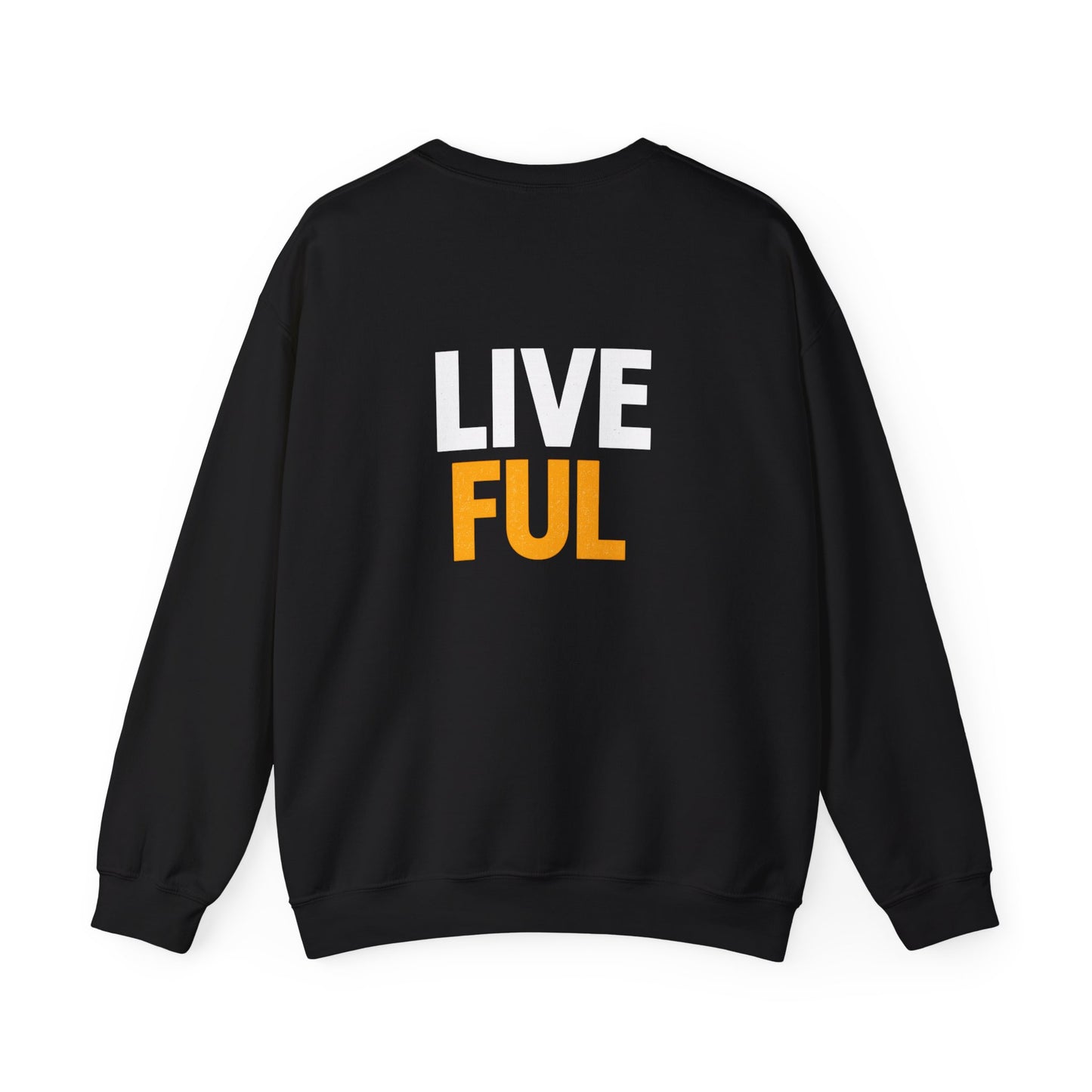A black crewneck sweatshirt with the text 'LIVE FUL' printed on the chest, with 'LIVE' in white and 'FUL' in yellow, shown against a plain white background.