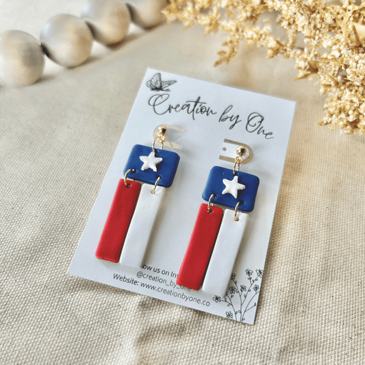 USA Dangle Earrings – Red, White, & Blue Polymer Clay Earrings with 14K Gold-Plated Posts