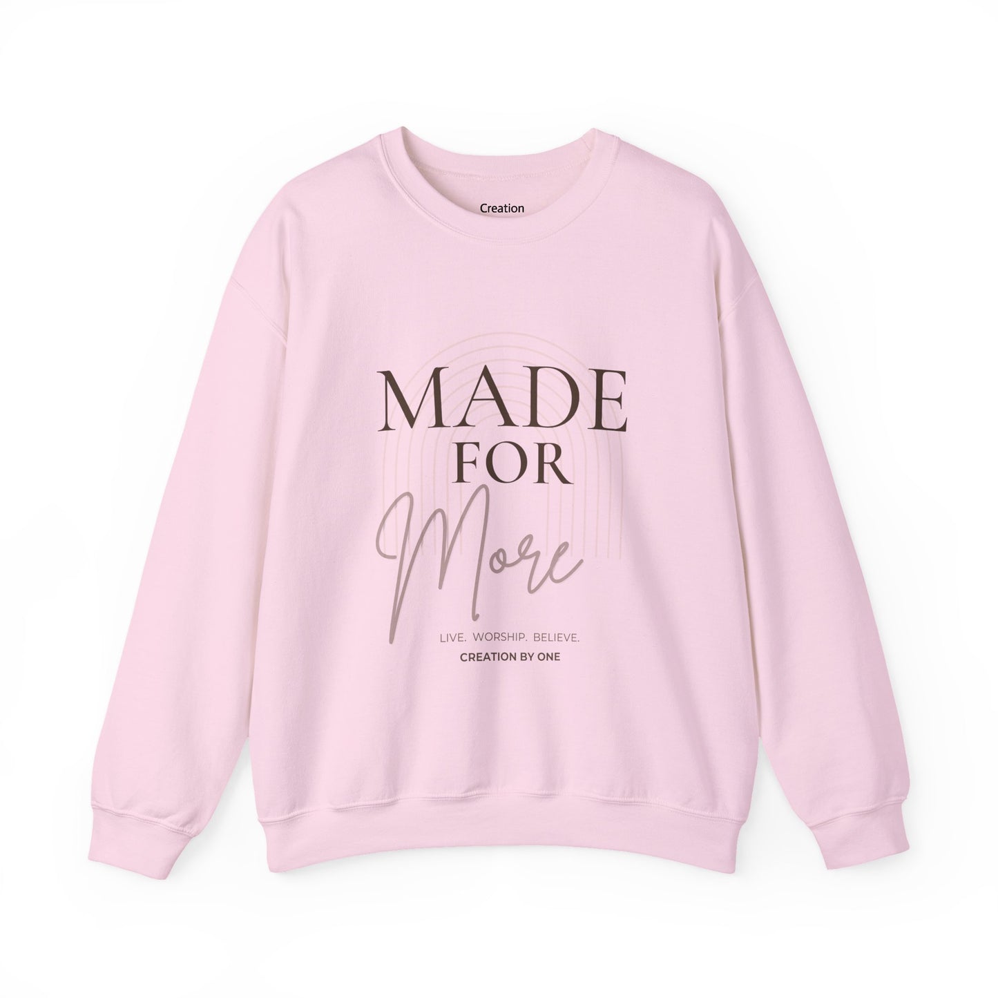 Pink sweatshirt with 'Made for More' text on a white background