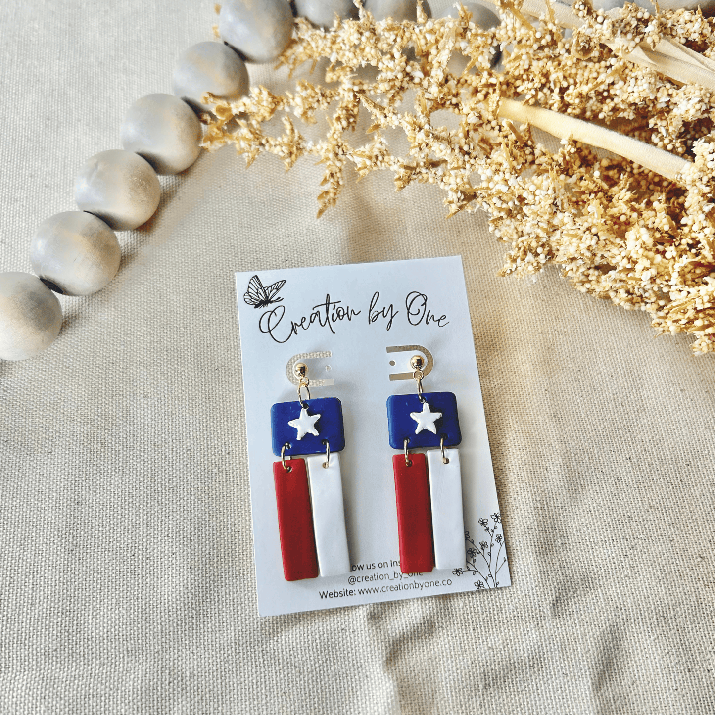 USA Dangle Earrings – Red, White, & Blue Polymer Clay Earrings with 14K Gold-Plated Posts