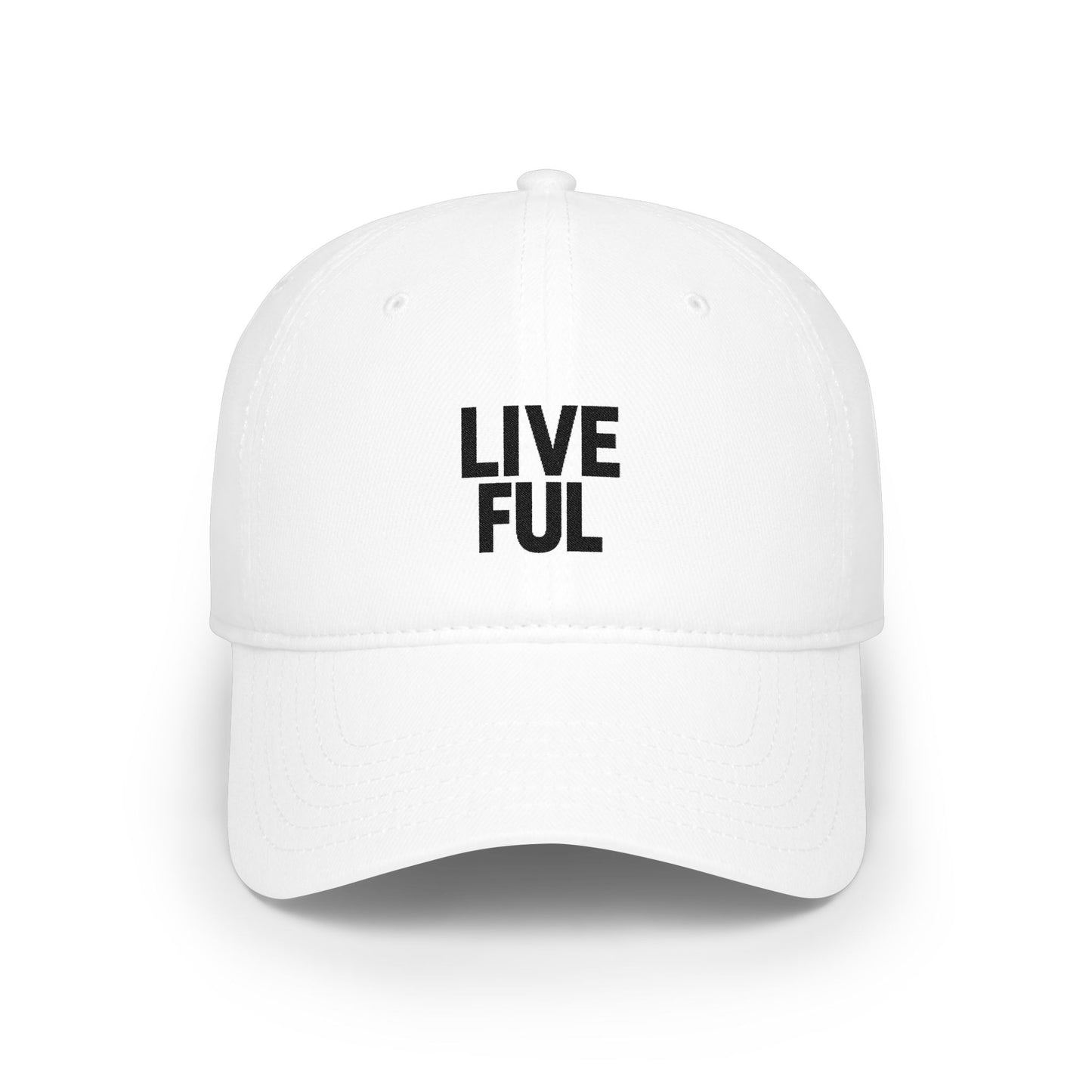 A white baseball cap with the words 'LIVEFUL' printed in black block letters on the front, shown against a plain white background.